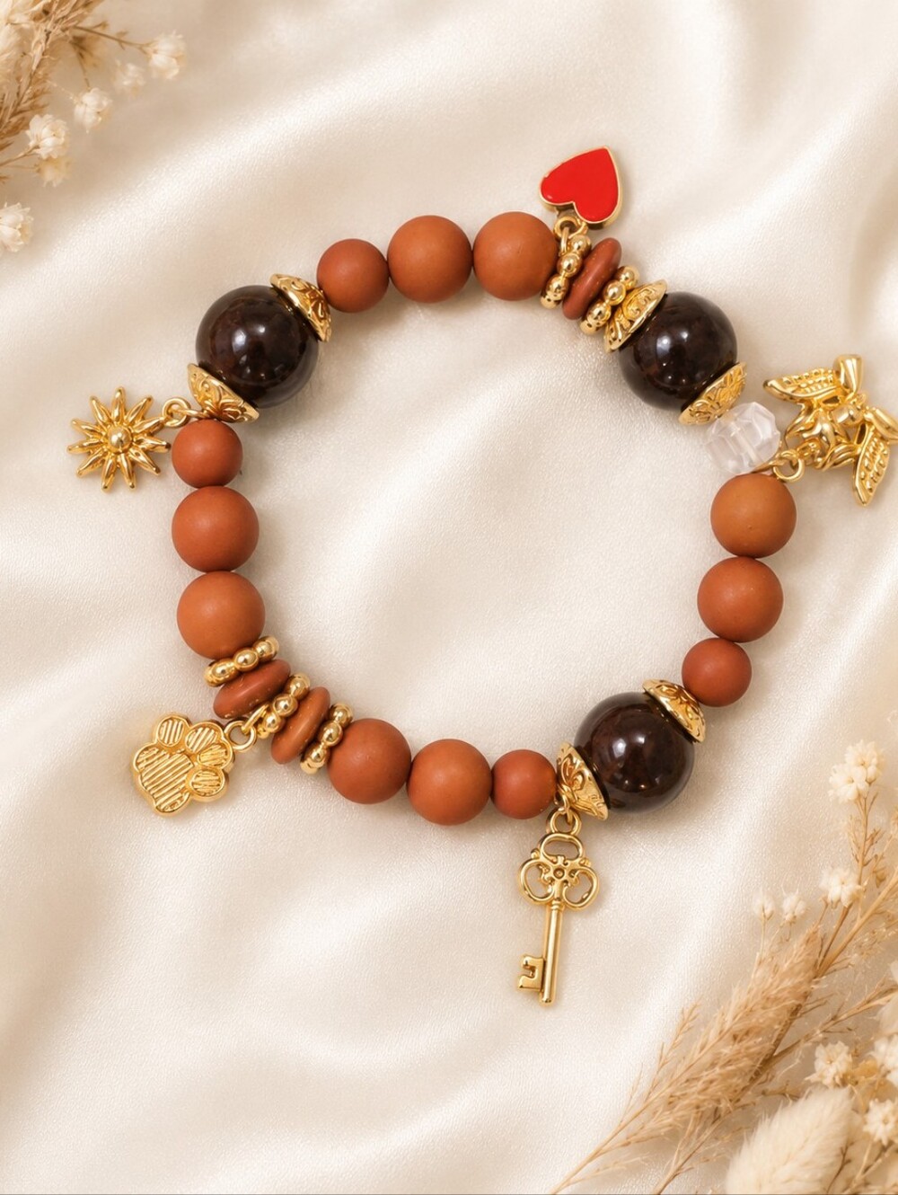 Boho Brown/Black/Gold Stretch Bracelet Paw Print Heart Angel Flower Key Charms